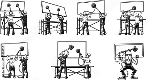 cad drawing flat vector illustration, glass panel installation, suction cup lifting, construction workers, scaffold teamwork, black and white, safety gear