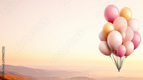 Pastel Balloons Floating Above a Mountain Landscape at Sunset, Dreamy and Serene Scene