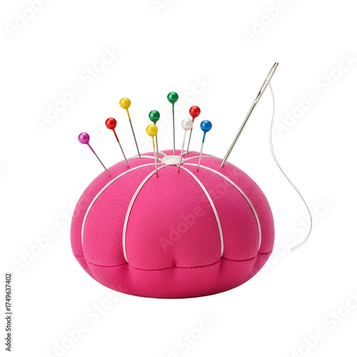 3d icon of a pink pincushion with colorful pins and a needle with thread, isolated on transparent background