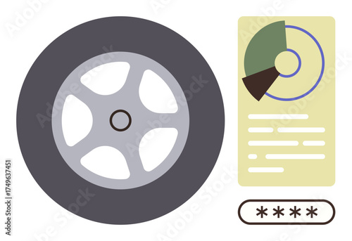 Car wheel paired with a chart and data login interface, highlighting performance, mechanics, and analytics. Ideal for technology, automotive, analysis, security, innovation engineering and design