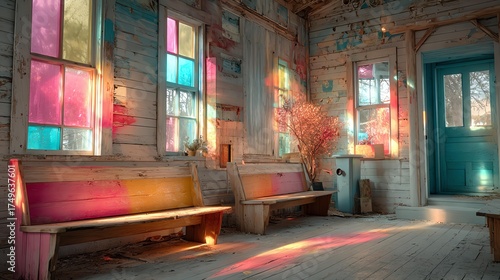 A colorful interior with stained glass and vibrant benches.