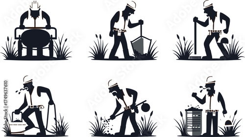 Construction workers with tools, digging, pouring concrete, road maintenance, outdoor labor, safety gear, teamwork, hard work, industrial site, illustration