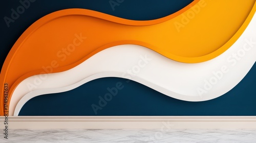 Modern Interior Wall Design with Orange, White, and Blue Waves, Empty Room, Architecture, Minimalist, Contemporary, Elegant, Backdrop, Background