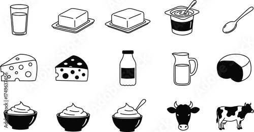 Dairy product icons, milk, cheese, butter, yogurt, cow illustrations, black and white, cad drawing flat vector illustration, food symbols