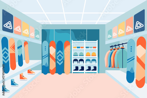 Inside an independent snowboard store with sporty winter fashion apparel, accessories and equipment display or retail layout background. Snow gear shopping experience for travel, and adventure concept