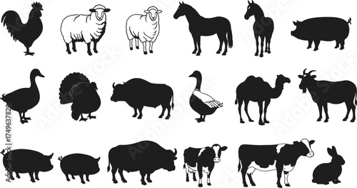 Farm animal silhouettes in flat vector style, perfect for CAD drawings, agriculture design, educational materials, and rural illustrations