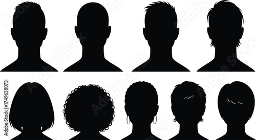 Human head silhouette set, diverse hairstyles, male and female profiles, black vector icons, cad drawing flat vector illustration, isolated design