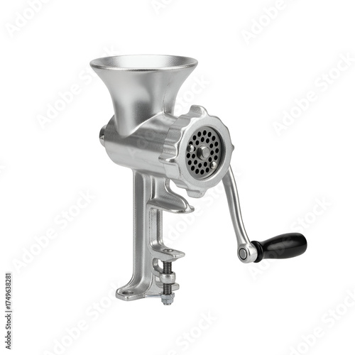 3d icon of a vintage manual meat grinder made of aluminum, isolated on transparent background