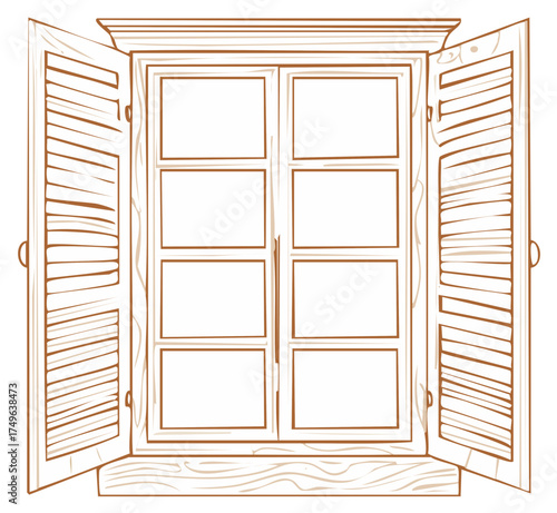 Open traditional wooden window with shutters illustration