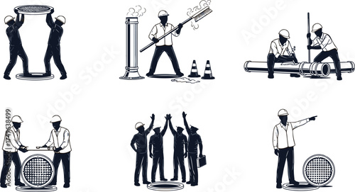 Sewer maintenance workers fixing drainage pipes, cleaning manholes, underground plumbing repair, civil engineering team collaboration, urban construction service illustration