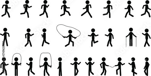 Stick figure motion poses, walking, running, jumping, vector silhouettes, human activity, black icons, cad drawing flat vector illustration, animation reference