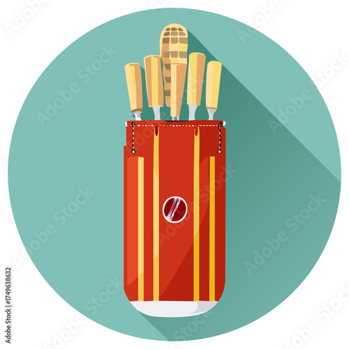 Flat design vector icon of wood carving tools and chisels in a red striped tool pouch