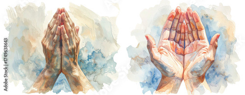 Watercolor Painting of Praying Hands with Gentle Blue Background
