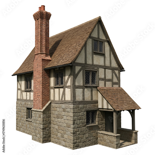 3d icon of tudor style house with stone foundation and brick chimney isolated on transparent background