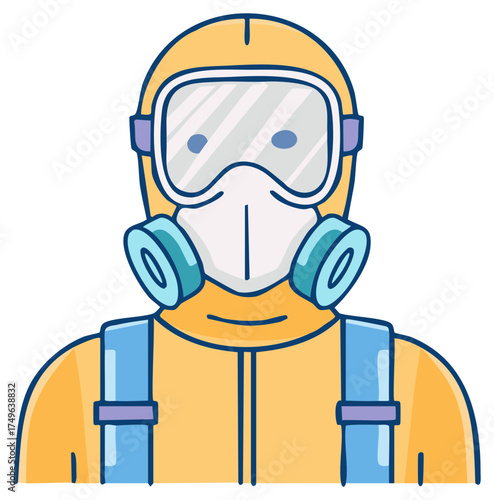 Cartoon illustration of a person in a yellow hazmat suit and respirator gas mask