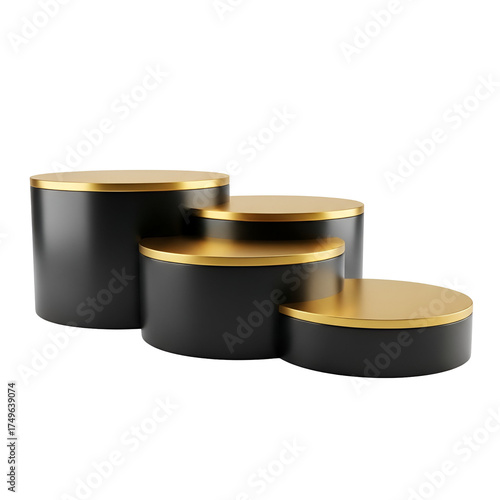 3d icon of four black and gold podiums of varying heights arranged in a steplike formation, isolated on transparent background
