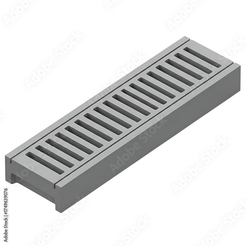 3d icon of a single gray concrete drainage channel grate, isolated on transparent background