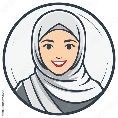 Illustration of a smiling woman in a hijab in a circle frame for profile picture
