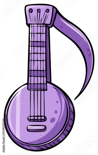Creative purple banjo illustration shaped like a musical note
