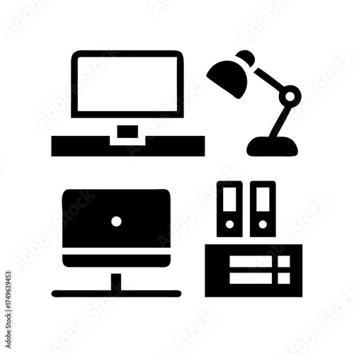 Illustration of a desk with computer, laptop, lamp, and file cabinet