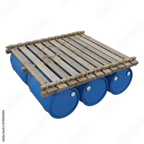 3d icon of a homemade raft made of blue barrels and wooden planks, isolated on transparent background