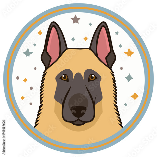Belgian Shepherd Dog Portrait with Stars in a Circle Frame Illustration Style