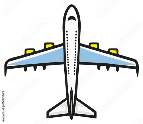 Simple cartoon illustration of a commercial passenger airplane from a top down view, a vector icon for travel and transport