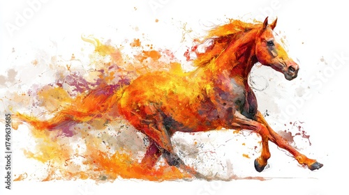 Dynamic image of a horse running forward white its body transforms into flames and splashes of colors on white background. Fire horse New Year 2026 illustration. Generative AI