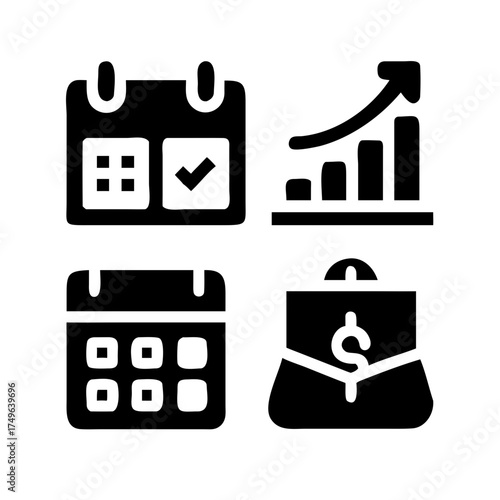 Financial planning icon set with calendar, chart, and money bag