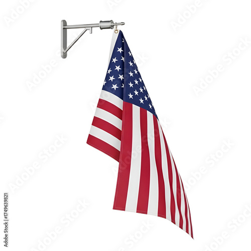 3d icon of american flag mounted on a bracket, isolated on transparent background