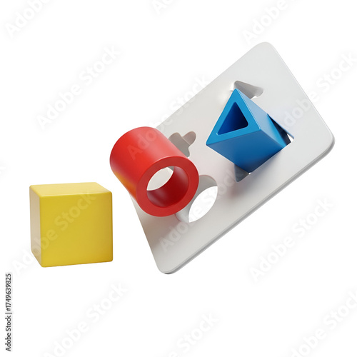 3d icon of wooden shape sorter toy with cube, cylinder, and triangle shapes isolated on transparent background