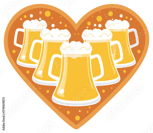 Oktoberfest celebration symbol with beer steins and foam inside a heart shaped gingerbread cookie