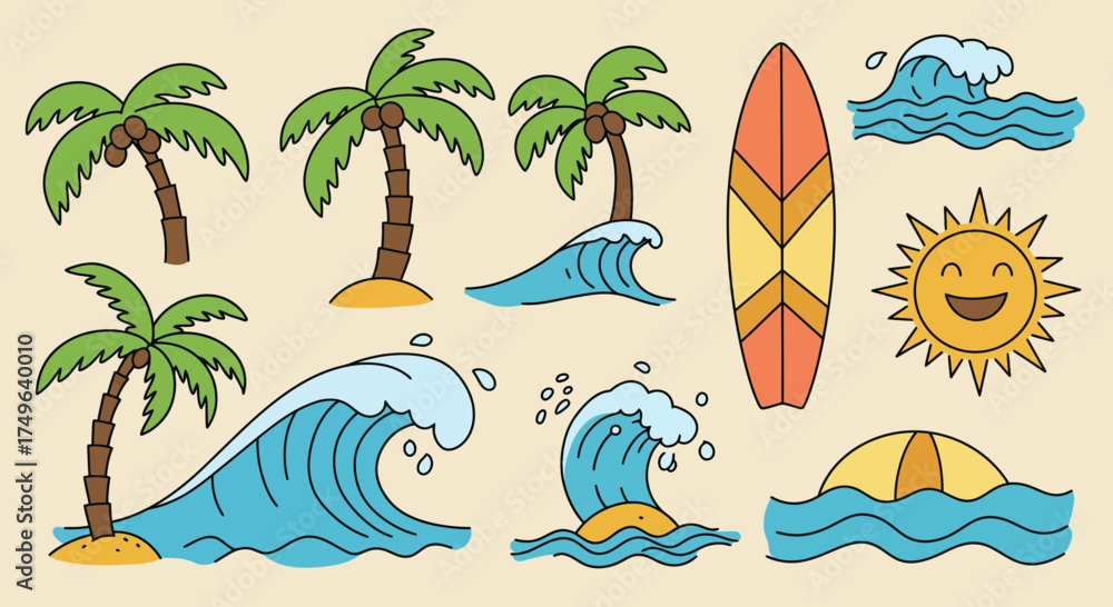 Obraz premium Cartoon summer beach elements featuring palm trees waves surfboard and smiling sun
