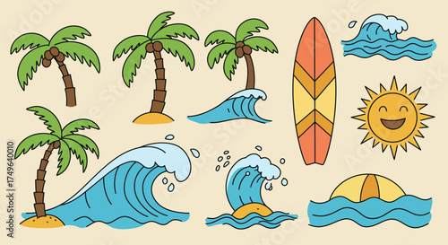 Cartoon summer beach elements featuring palm trees waves surfboard and smiling sun
