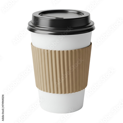3d icon of white disposable coffee cup with black lid and brown sleeve, isolated on transparent background