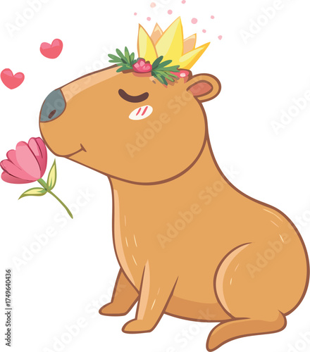 Cute capybara with flower crown smelling a flower adorable animal art eps silhouette