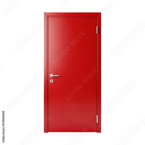 3d icon of a closed red metal door with a silver handle and hinges isolated on a transparent background