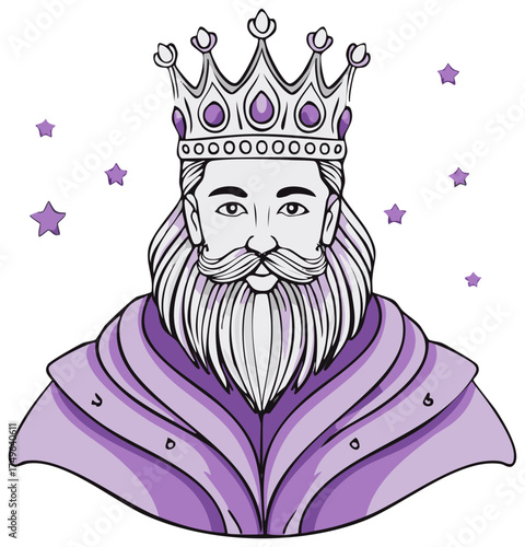 Illustrated regal man with beard wearing a crown and purple robe surrounded by small stars