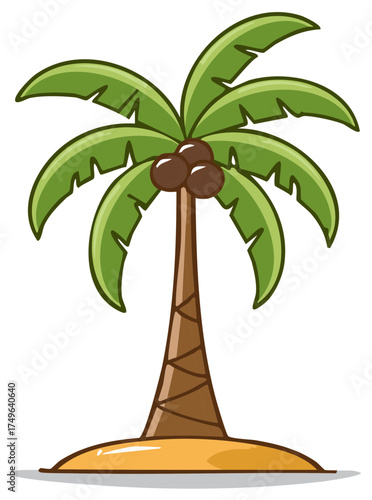 Cartoon illustration of a tropical palm tree with green leaves and coconuts