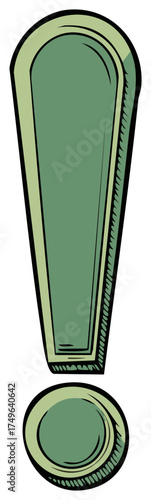 Green exclamation mark symbol with vintage style illustration and bold outline