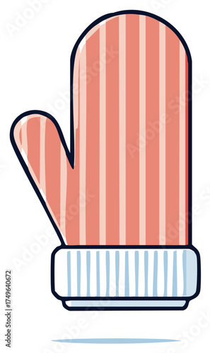 Hand Drawn Winter Mitten Graphic with Red and White Stripes and Blue Cuff Festive Holiday Season Apparel
