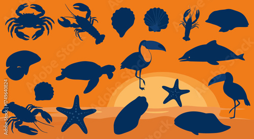 Oceanic silhouettes collection with sunset backdrop, featuring diverse marine life