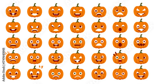 A diverse collection of cartoon jack-o'-lantern emoticons, featuring a wide range of funny, scary, and cute facial expressions for Halloween