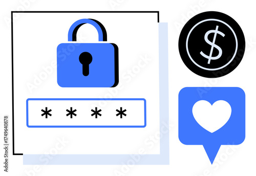 Lock pad with password field, heart in chat bubble, circle dollar sign. Ideal for cybersecurity, privacy, online safety, financial security, trust digital love safeguarding data. Simple flat