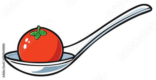 Single red tomato resting in a shiny metal spoon with green stem detail