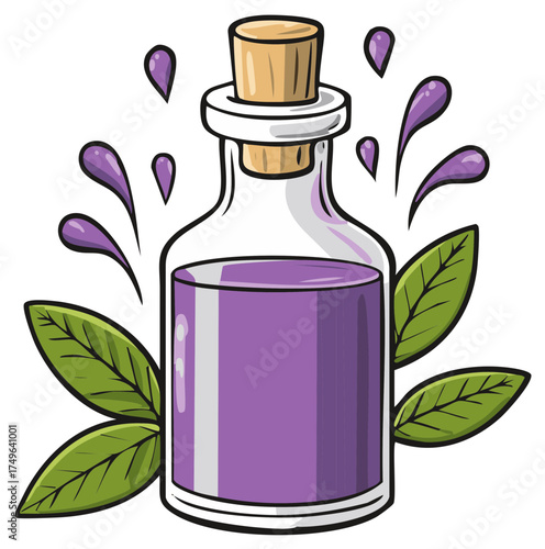 Cartoon potion bottle with leaves and purple drops