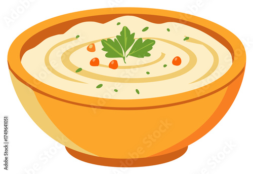 Creamy Soup in Orange Bowl Garnished with Green Herbs and Spices for Food or Recipes
