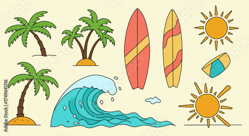 Tropical paradise illustration with palm trees, surfboards, waves, and sunshine