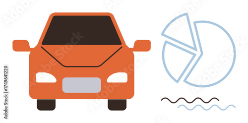 Orange car with pie chart and wave lines conveys analytics, technology, and transportation concepts. Ideal for automotive data, business, innovation, tech, research, sustainability simple flat