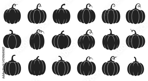 A comprehensive collection of diverse pumpkin silhouettes, showcasing various shapes and sizes for autumn, Halloween, and Thanksgiving designs, perfect for seasonal graphic elements